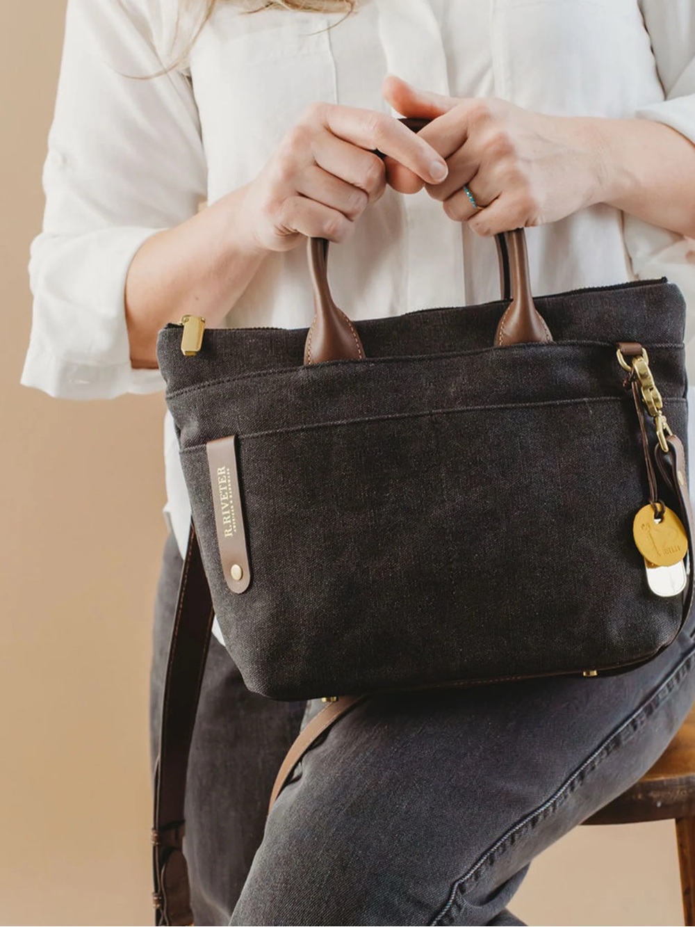 R. Riveter Dot Small Tote Bag in Black Washed Canvas + Brown Leather